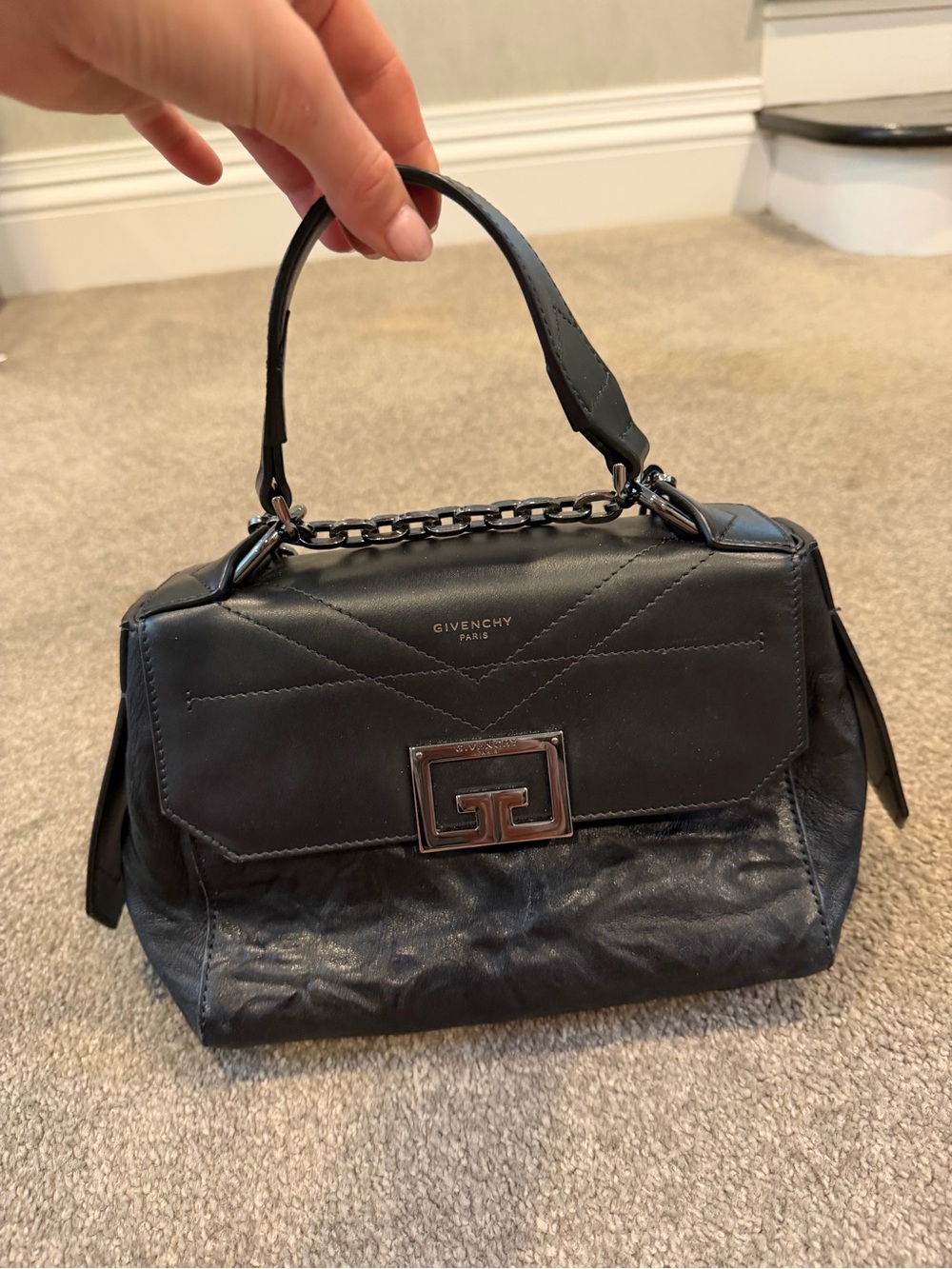Givenchy Black Leather Satchel with Chain-Accent Handle